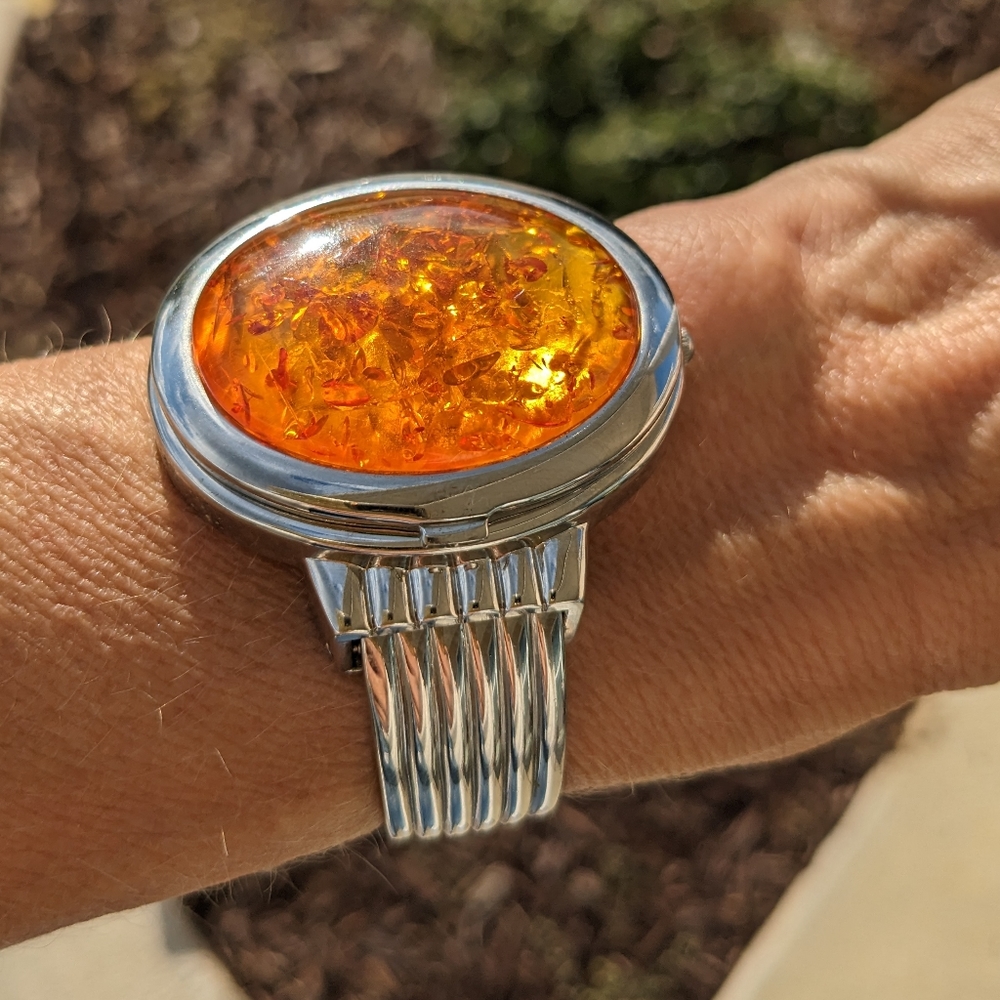 VTG BURGI BOHO JAPAN MOVEMENT HONEY AMBER WATCH CUFF BRACELET/WATCH - Picture 9 of 9